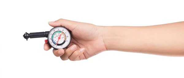 Hand Holding Manometer Measuring Tire Pressure Isolated White Background — Stock Photo, Image