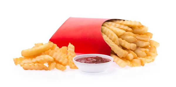 法式薯条 红色纸袋 内装番茄酱 背景为白色 — 图库照片