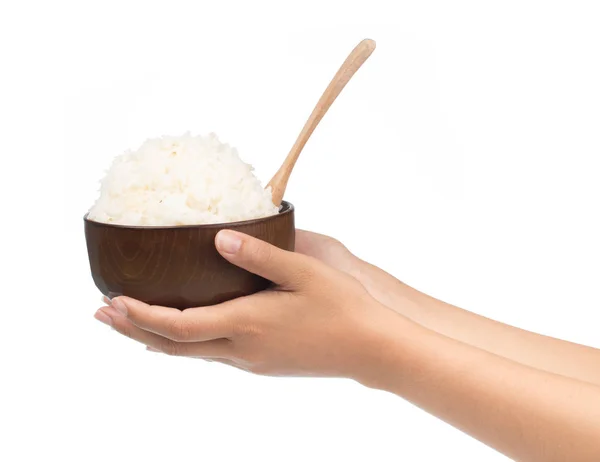 Hand Holding Bowl Rice Spoon Isolated White Background — Stock Photo, Image