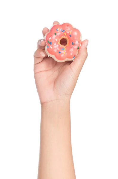 Persona Mano Celebración Donut Con Espolvoreos Colores Aislados Sobre Fondo — Foto de Stock