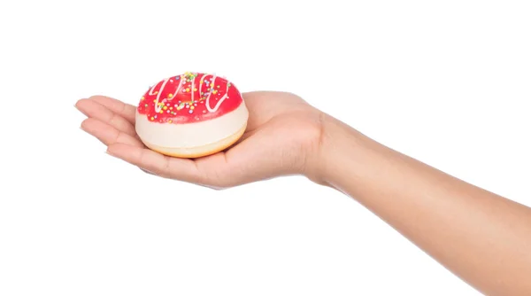 Mano Celebración Juguete Donut Patrón Goma Aislado Sobre Fondo Blanco — Foto de Stock