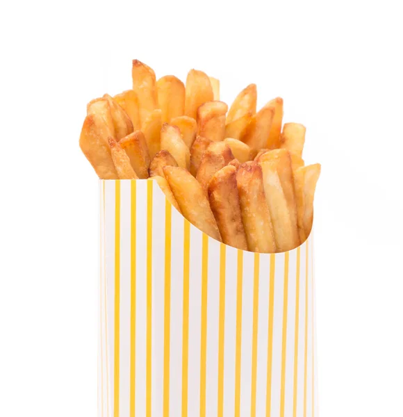 Pommes Einer Gelben Papiertüte Isoliert Auf Weißem Hintergrund — Stockfoto