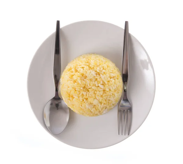 Rice Plate Portion Cooked Yellow Rice White Ceramic Dish — Stok fotoğraf