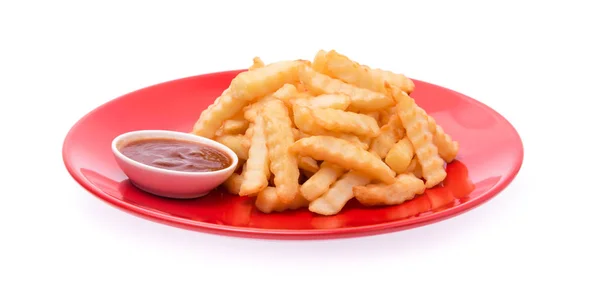 Batatas Fritas Serrilhadas Com Molho Tomate Prato Isolado Fundo Branco — Fotografia de Stock