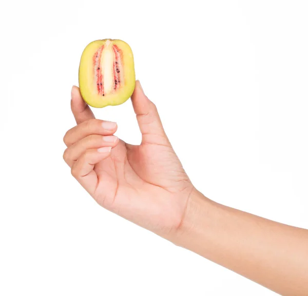 Hand Holding Slice Red Kiwi Fruit Isolated White Background — Stock Photo, Image