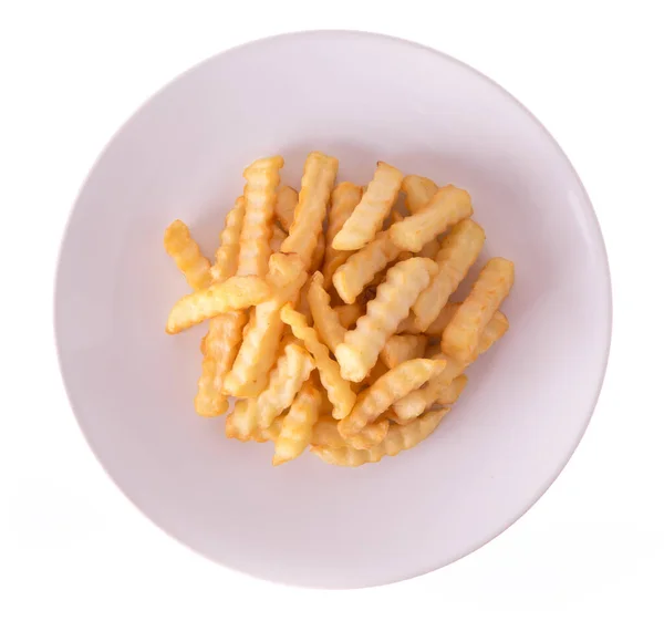 Patatas Fritas Serradas Sobre Plato Aislado Sobre Fondo Blanco —  Fotos de Stock