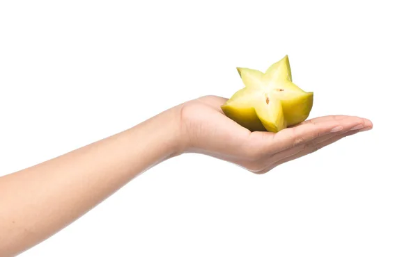 Mão Segurando Fatia Starfruit Carambola Isolado Fundo Branco — Fotografia de Stock