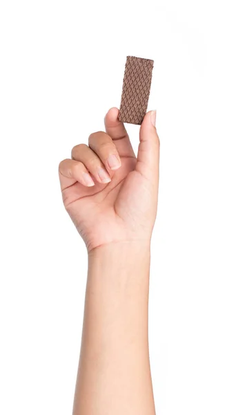 Tangan Orang Memegang Coklat Multi Lapis Renyah Wafel Terisolasi Latar — Stok Foto