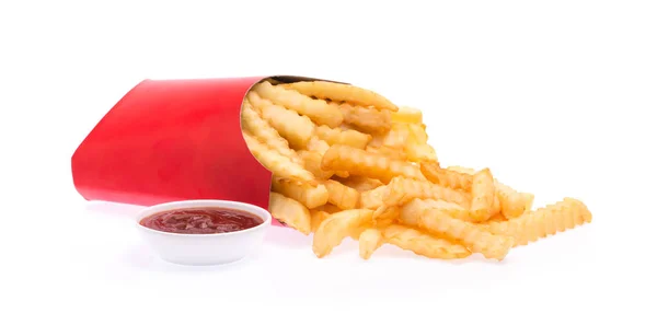 法式薯条 红色纸袋 内装番茄酱 背景为白色 — 图库照片