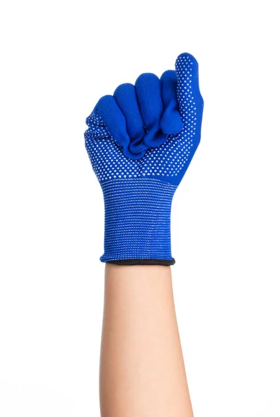 白い背景に青い手袋をはめた手 — ストック写真