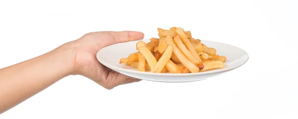 Hand Hält Pommes Auf Einem Teller Isoliert Auf Weißem Hintergrund — Stockfoto