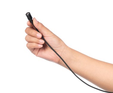 Beyaz arkaplanda el ele tutuşma aracı mikrofon yakası veya lavalier izole