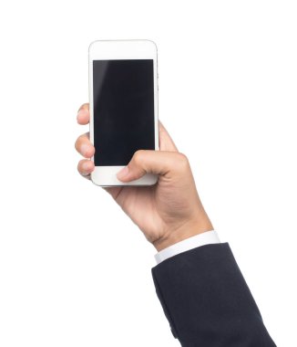 Cep telefonu beyaz arka plan üzerinde izole tutan işadamı el.