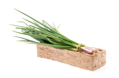 Beyaz zemin üzerinde izole edilmiş soğan bahar bambu sepeti