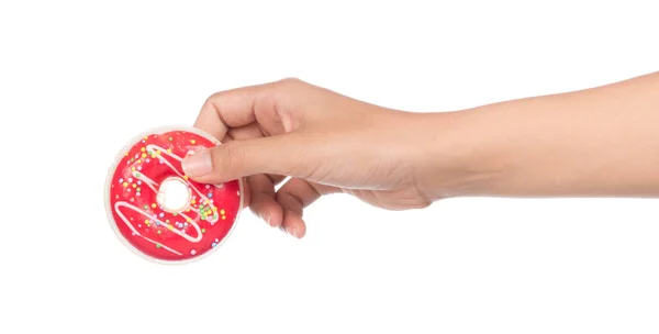 手握玩具甜甜圈图案橡胶 白色背景隔离 — 图库照片