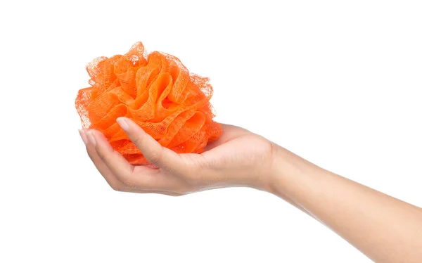 Hand Holding Soft Orange Bath Puff Sponge Isolated White Background — Stock Photo, Image