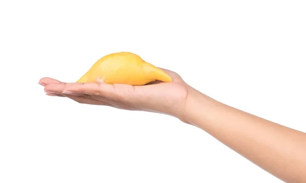 Mão Segurando Parte Frutas Durianas Isoladas Fundo Branco — Fotografia de Stock