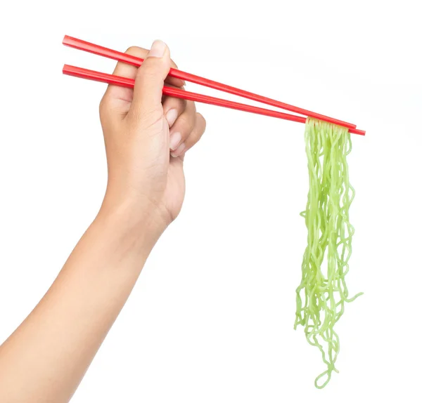 Mão Segurando Pauzinhos Comendo Vermicelli Chinês Isolado Fundo Branco — Fotografia de Stock