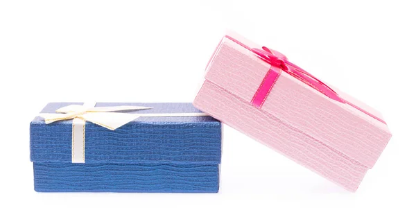 Caja Regalo Azul Rosa Con Cinta Blanca Aislada Sobre Fondo — Foto de Stock