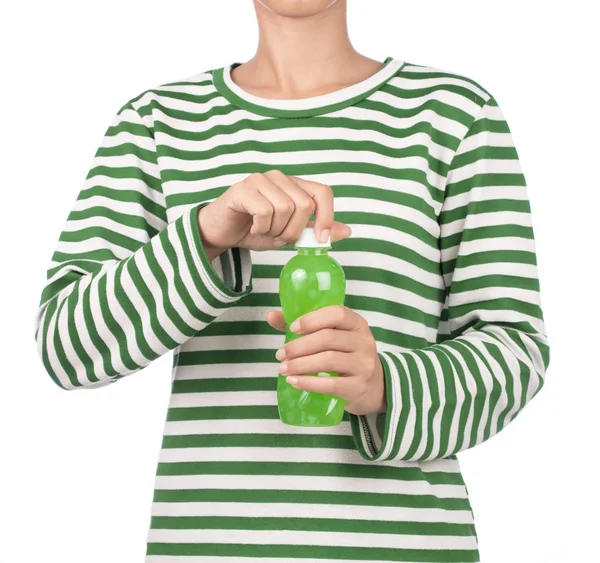 Hand Haltende Flasche Kiwi Saft Isoliert Auf Weißem Hintergrund — Stockfoto