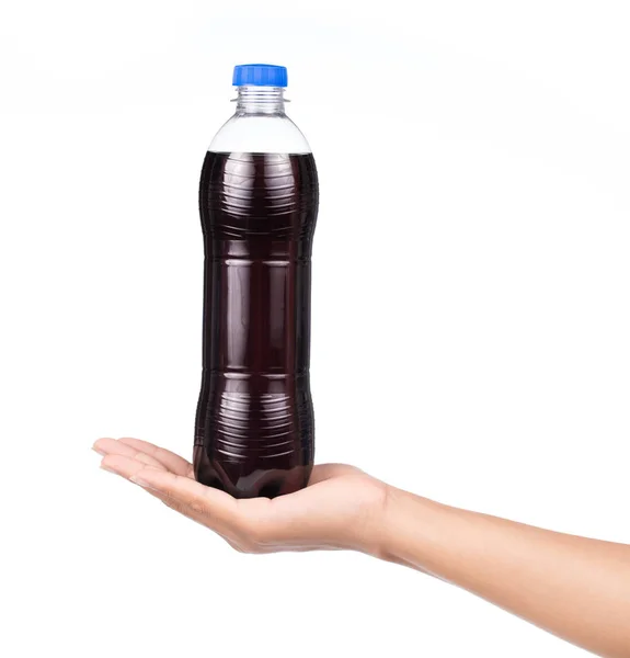 Mano Que Sostiene Botella Plástico Cola Refresco Carbonatado Aislado Sobre — Foto de Stock