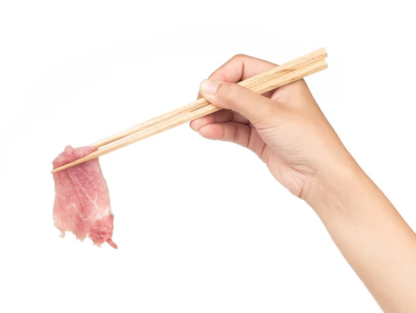 Mão Segurando Carne Fresca Por Pauzinhos Isolados Sobre Fundo Branco — Fotografia de Stock