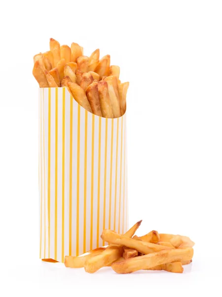 Pommes Einer Gelben Papiertüte Isoliert Auf Weißem Hintergrund — Stockfoto