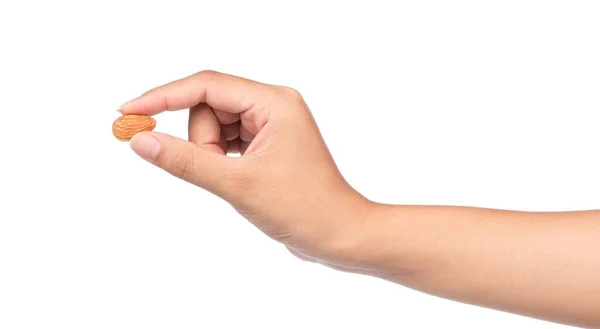 Finger Halten Mandelkern Isoliert Auf Weißem Hintergrund — Stockfoto