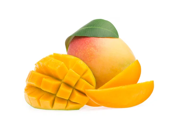 Fetta Mango Con Foglia Isolata Fondo Bianco — Foto Stock