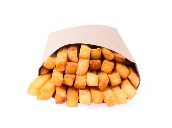 French fries in a brown paper bag isolated on a white background