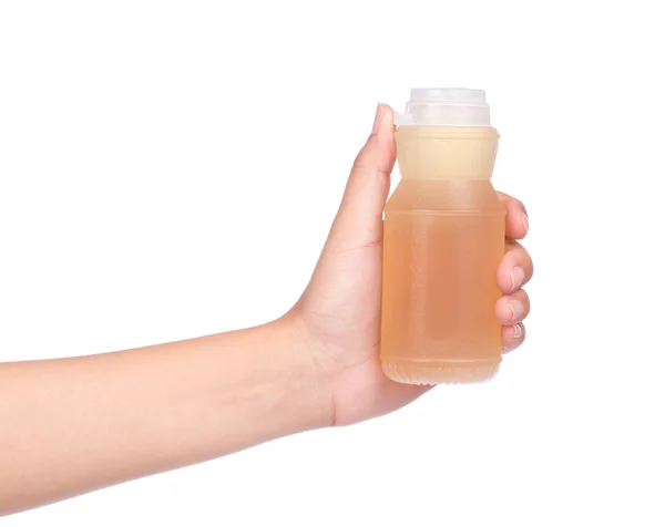 Hand Hålla Longan Juice Flaska Isolerad Vit Bakgrund — Stockfoto