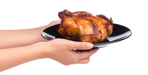 Χέρι Εκμετάλλευση Ψητό Κοτόπουλο Στο Πιάτο Απομονώνονται Λευκό Φόντο — Φωτογραφία Αρχείου