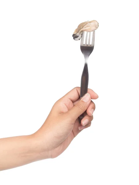 Hand Holding Fork Fresh Oyster Isolated White Background — Stock Photo, Image