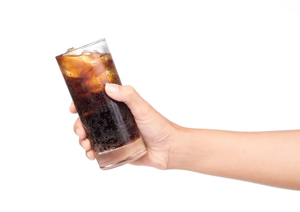 Mano Sosteniendo Vaso Cola Aislado Sobre Fondo Blanco —  Fotos de Stock