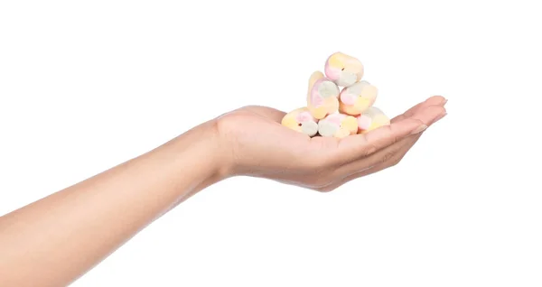 Mano Che Tiene Dolce Marshmallow Pastello Isolato Sfondo Bianco — Foto Stock