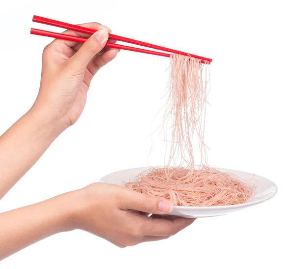 Hand Holding Wheat Thin Noodles Chopsticks Dishl Isolated White Background — Stock Photo, Image