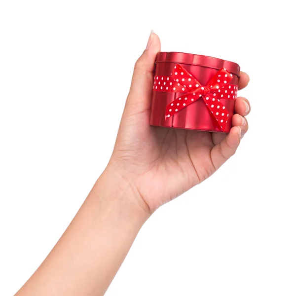 Hand Hält Aluminium Rote Geschenkbox Isoliert Auf Weißem Hintergrund — Stockfoto