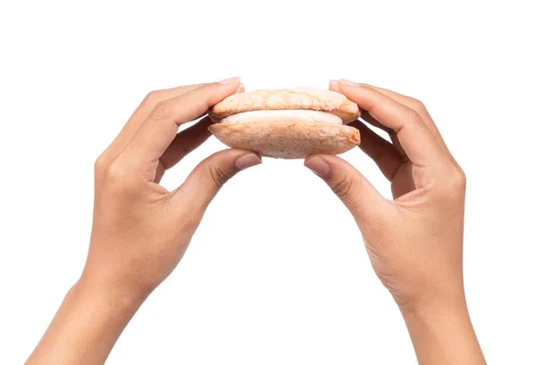 Hand Holding Vanilla Cream Biscuits Isolated White Background — Stock Photo, Image