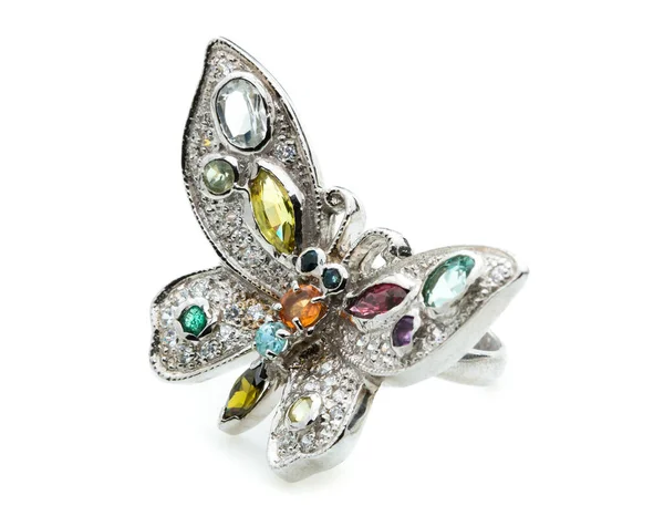 Pierścień Motyla Różnym Kolorze Kamienia Szlachetnego Białym Tle — Zdjęcie stockowe