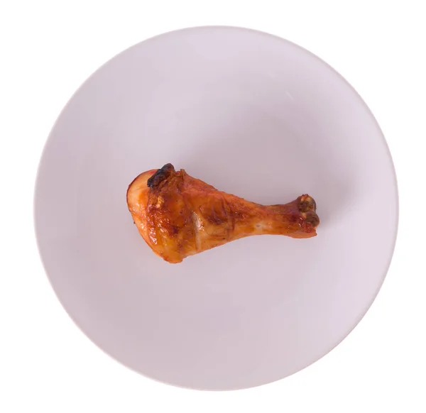 Perna Frango Assada Prato Isolado Fundo Branco — Fotografia de Stock