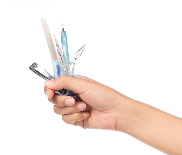 Persoon Hand Holding Gereedschap Van Manicure Set Geïsoleerd Witte Achtergrond — Stockfoto