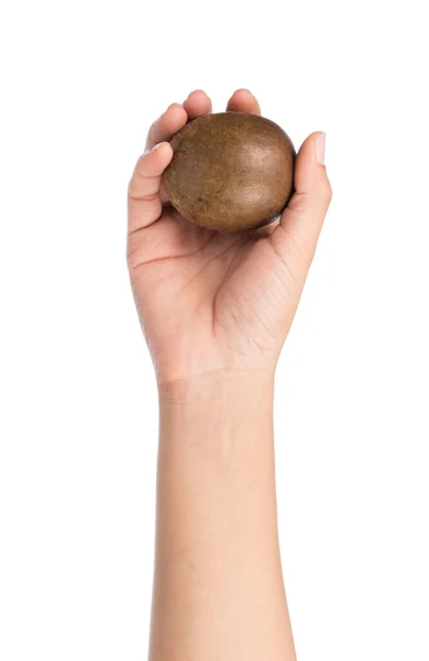 Mão Segurando Arhat Fruta Isolada Fundo Branco — Fotografia de Stock