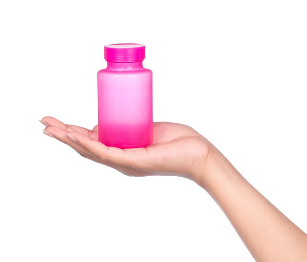 Hand Holding Blank Medicine Bottle Isolated White Background — Stock Photo, Image