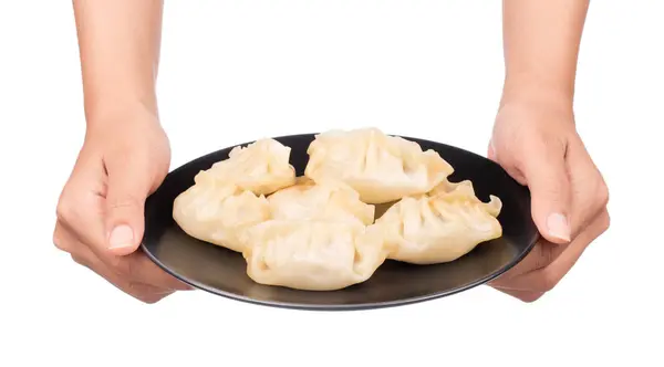 Hand Houden Wontons Schotel Geïsoleerd Witte Achtergrond — Stockfoto