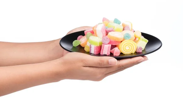 Hand Holding Jelly Sweet Dish Isolated White Background — Stock Photo, Image