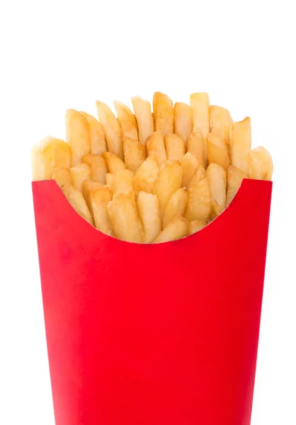 红色纸袋中的薯条 白色背景隔离 — 图库照片