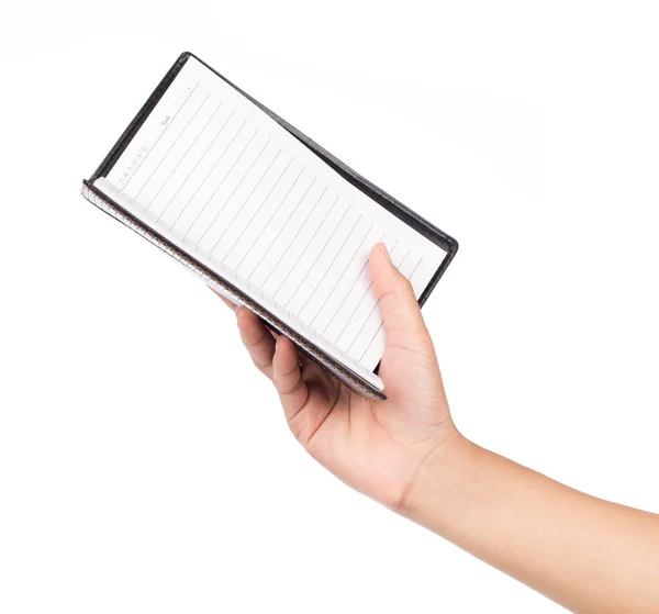 Hand Houden Notebook Geïsoleerd Witte Achtergrond — Stockfoto