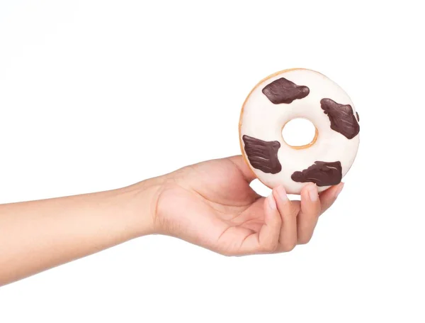 Hand Houden Chocolade Donut Met Koeienpatroon Geïsoleerd Witte Achtergrond — Stockfoto