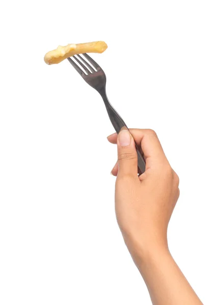 Mão Segurando Batatas Fritas Por Garfo Isolado Fundo Branco — Fotografia de Stock