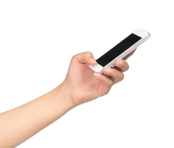 Hand Hält Mobiltelefon Isoliert Auf Weißem Hintergrund — Stockfoto